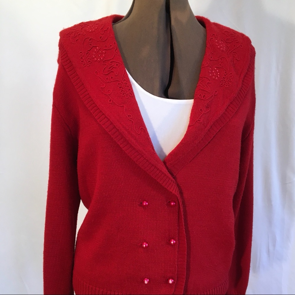 Herman Geist 80s Embroiderd Shawl Collar Wool Blend Red Cardigan